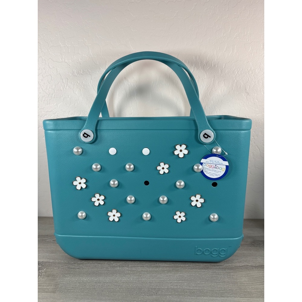 Bogg Bag Large Tote Blue with Daisy Pearl Charms & Inserts 18" L X 9" W X 14" H